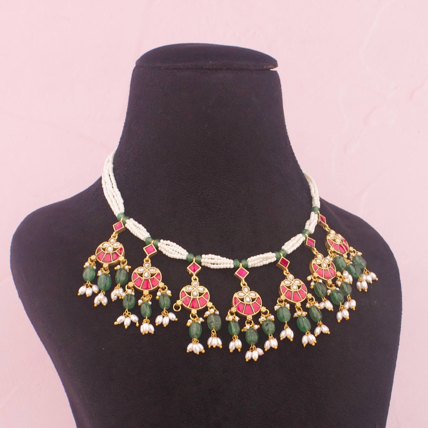 Ethnic Jadau Kundan Necklace With Green Beads And Pearls