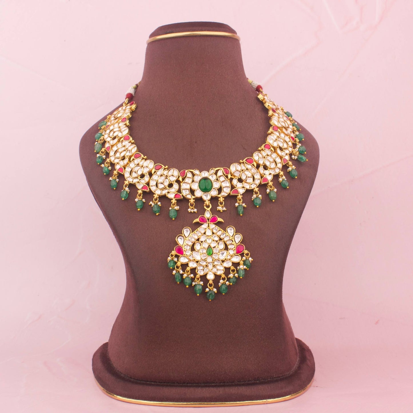Ethnic Moissanite Polki With Peacock Design Pendant And Emerald Beads