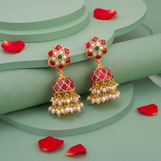 Floral Stud Traditional Jadau Kundan Jhumki Earrings With Pearl Drops