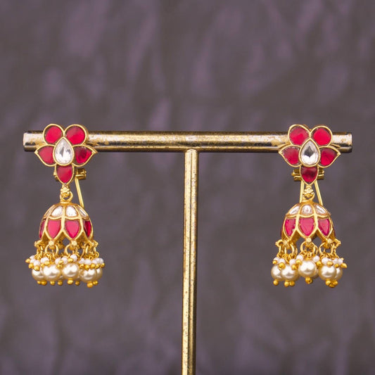 Gold Style Jadau Kundan Jhumka Earrings With Swarovski Pearl Hangings