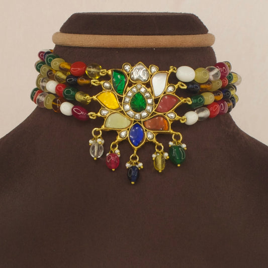 Navaratna Jadau Kundan Beads Choker with 22k Gold plating. This product belongs to jadau Kundan jewellery category