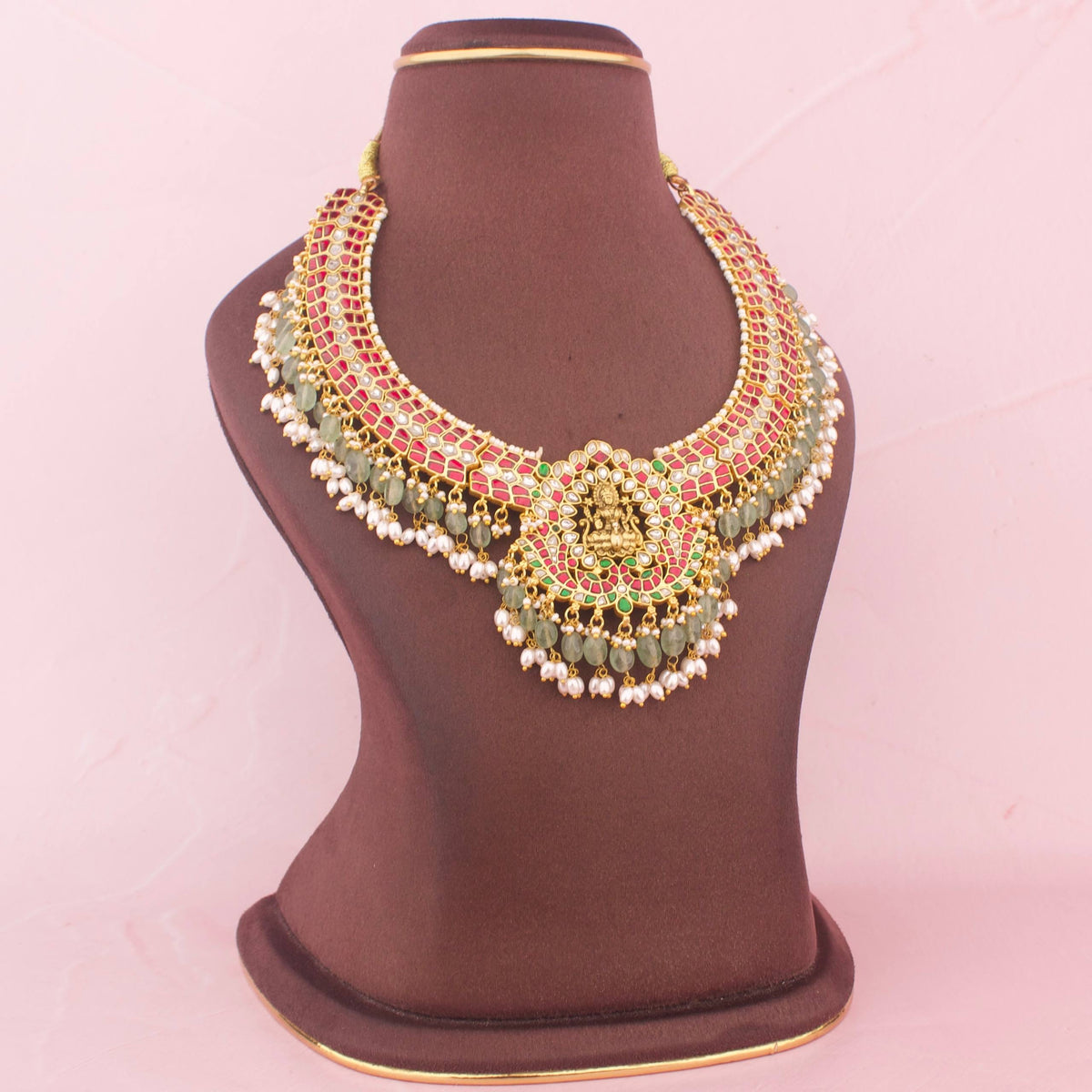 Gold Style Divine Lakshmi Devi Jadau Kundan Necklace With Ricepearl Hangings