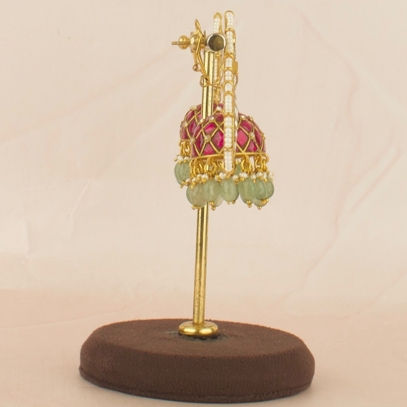 Peacock Design Studded Jadau Kundan Jhumki with Green Beads