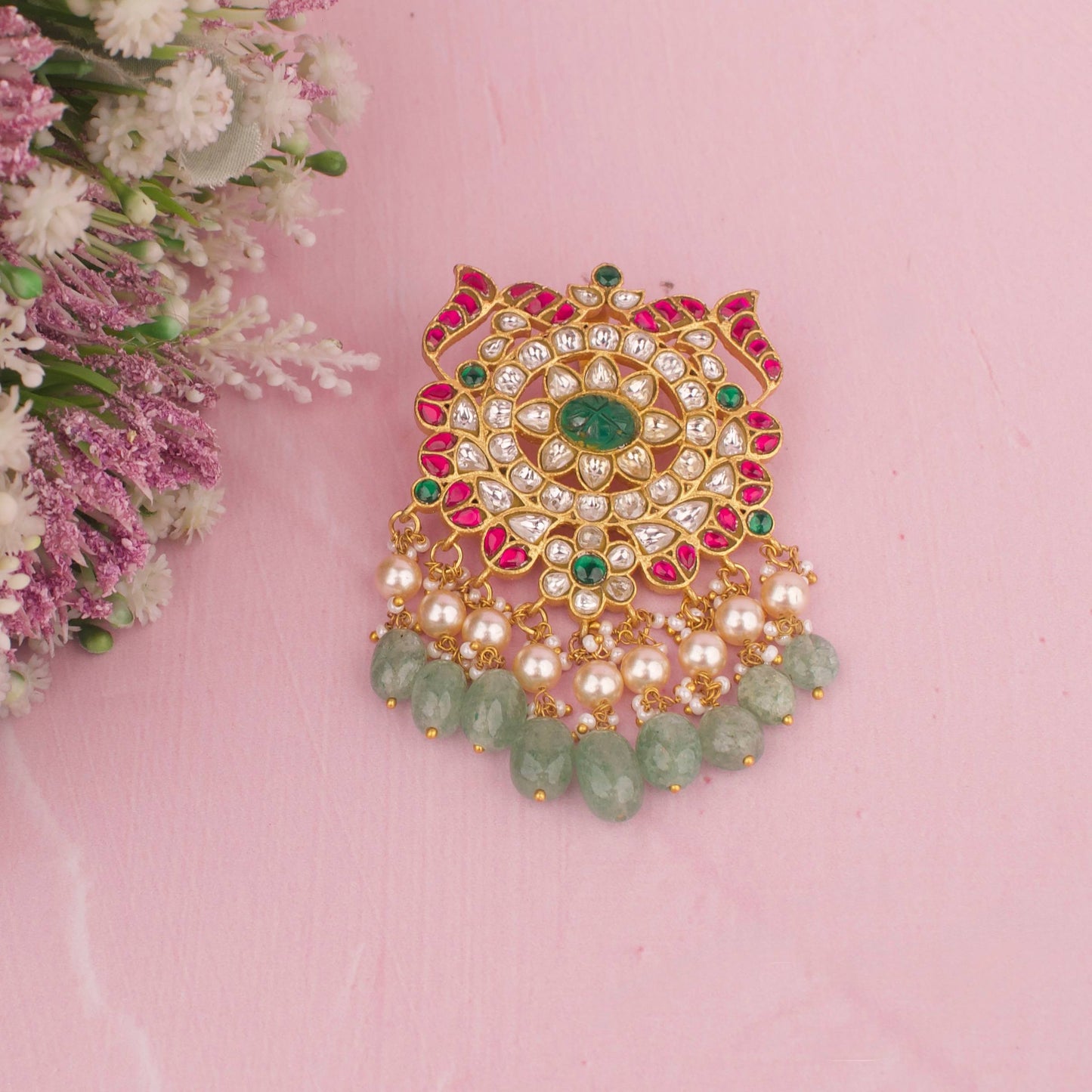 Glorious Floral Design Jadau Kundan Locket with Swarovski Pearls