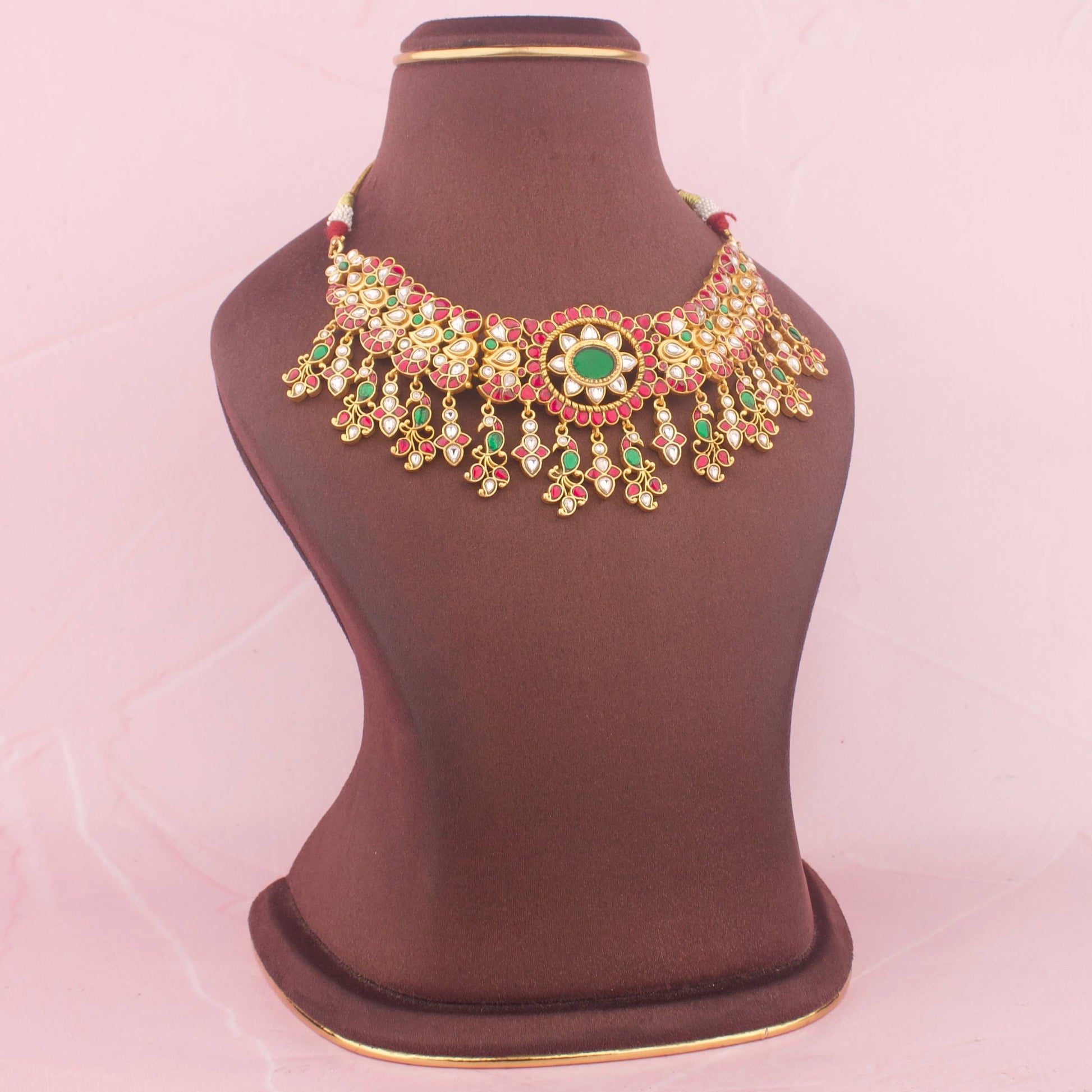Regal Jadau Kundan Short Necklace With Hangings Craftsmanship & Detail View - Dulhan Jewels