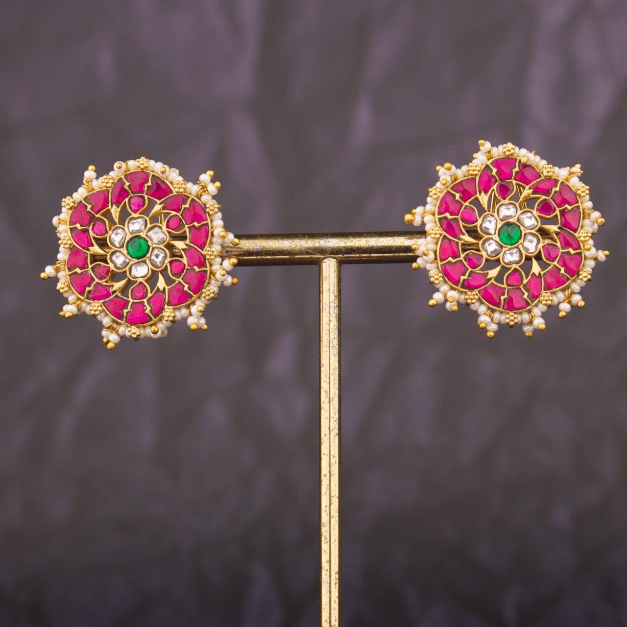 Floral Design Jadau Kundan Studs With Pearl Border