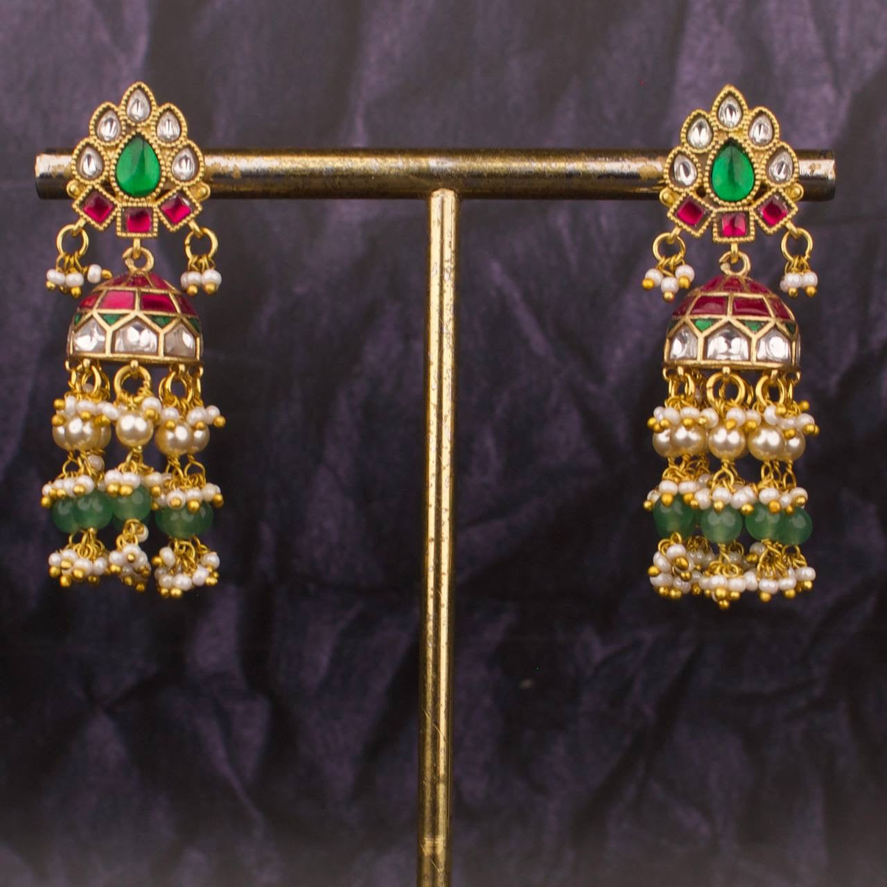 Unique Jadau Kundan Jhumki With Pearl, Beads Guttapusalu Hangings