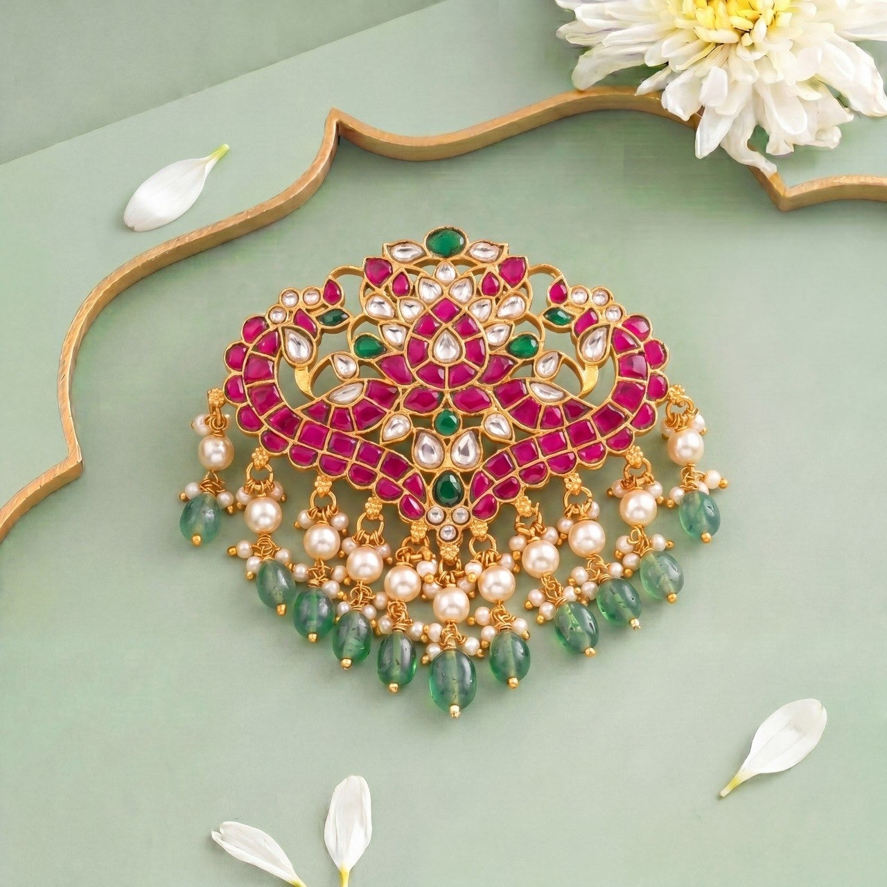 Dual Floral Design Jadau Kundan Pendant With Green Beads