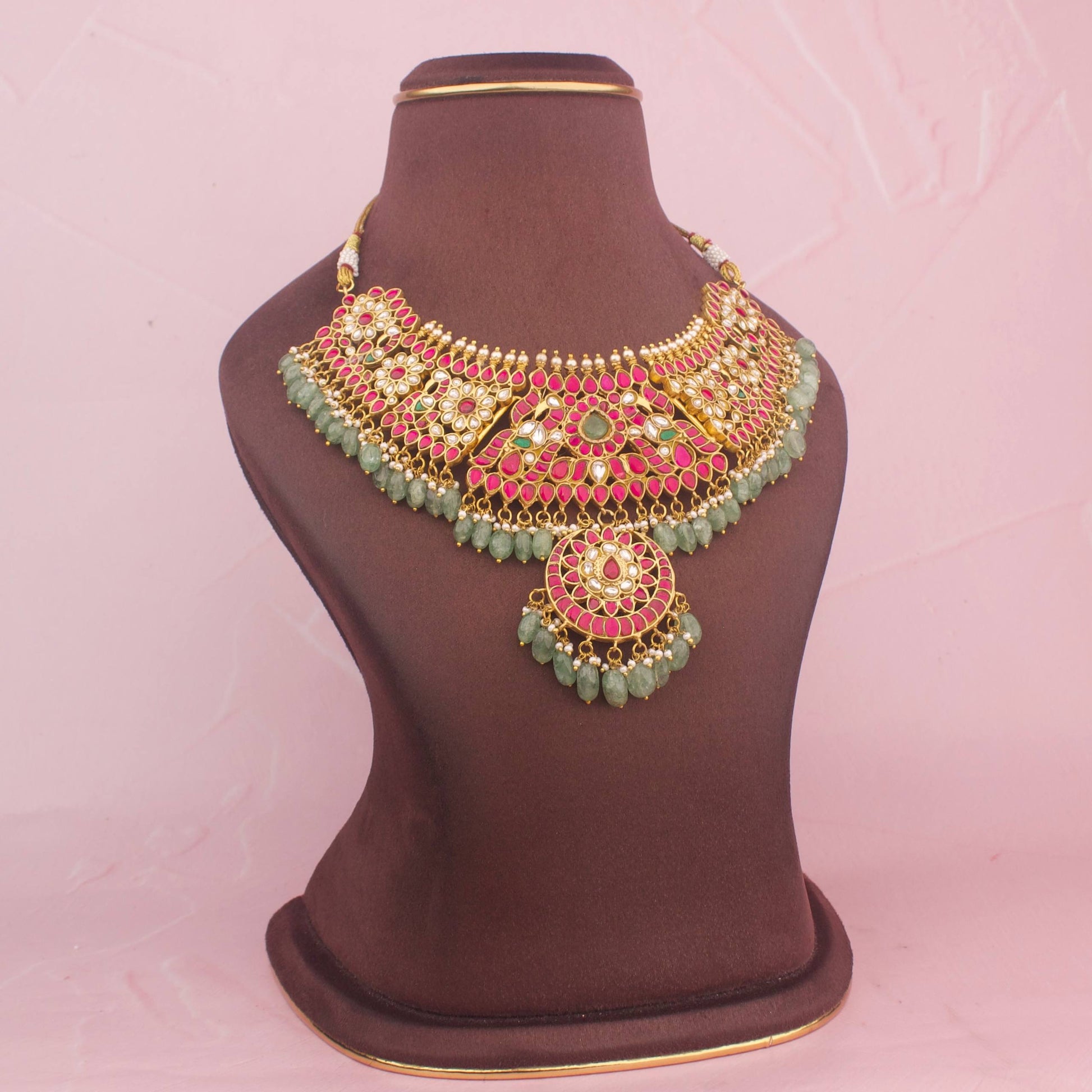 Close-Up Detail View of Classic Jadau Kundan Short Necklace With Green Beads | Dulhan Jewels