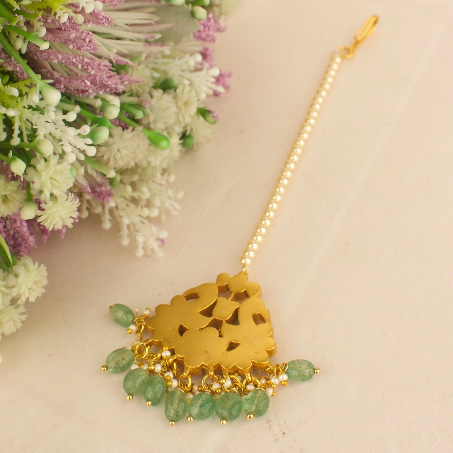 Floral Peacock Design Jadau Kundan Long Maang Tikka with Swarovski chain