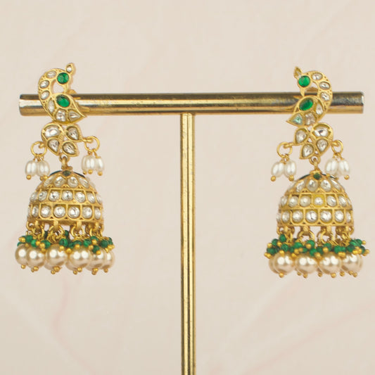 Graceful Peacock Motif Jadau Kundan Jhumka Earrings