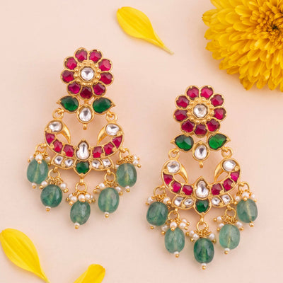 Elegant Floral Studded Jadau Kundan Chandbali Earrings With Strawberry Beads