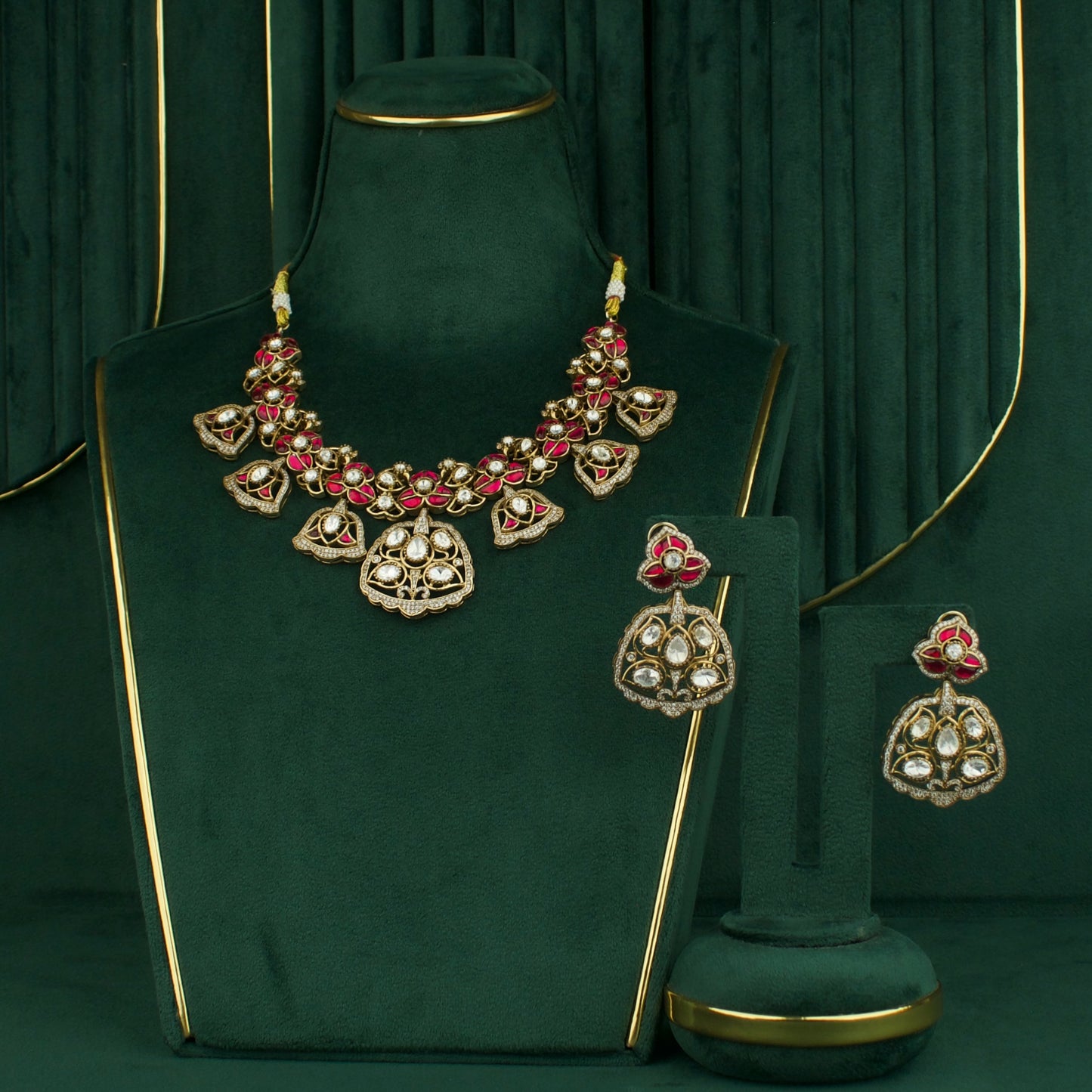 Regal Bells: Victorian Polki Necklace Set with Intricate Detailing