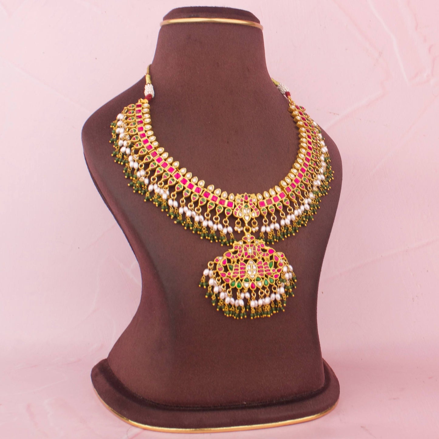Traditional Jadau Kundan Necklace With Green Bead Fringe