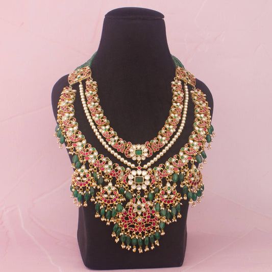 Grand Bridal Jadau Kundan Long Necklace With Emerald Beads - Premium Indian Ethnic Jewelry | Dulhan Jewels