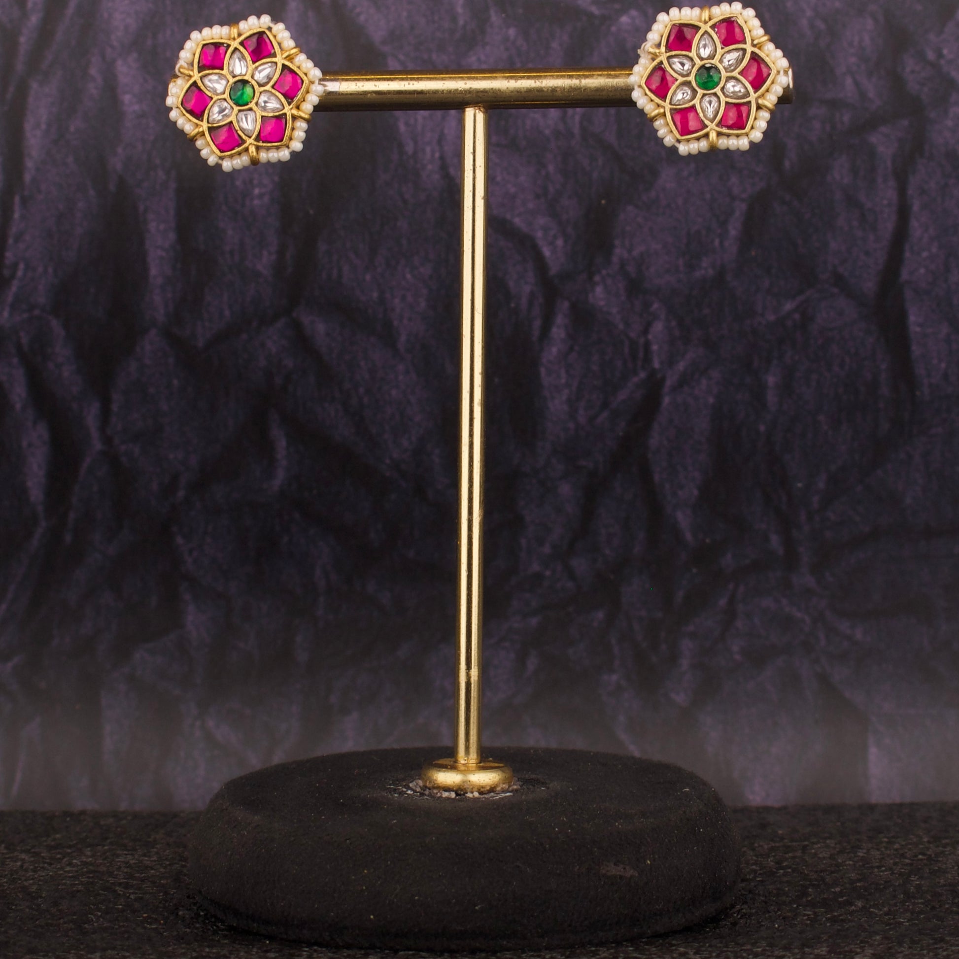 Lavish Jadau Kundan Studs With Pearl Bordering - DULHAN JEWELS