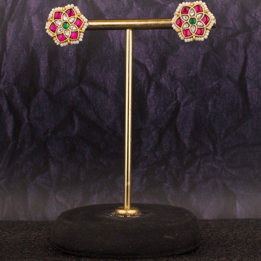 Lavish Jadau Kundan Studs With Pearl Bordering - DULHAN JEWELS
