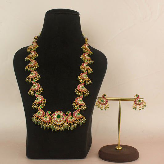 Unique Peacock Design Jadau Kundan Necklace Set With Earrings