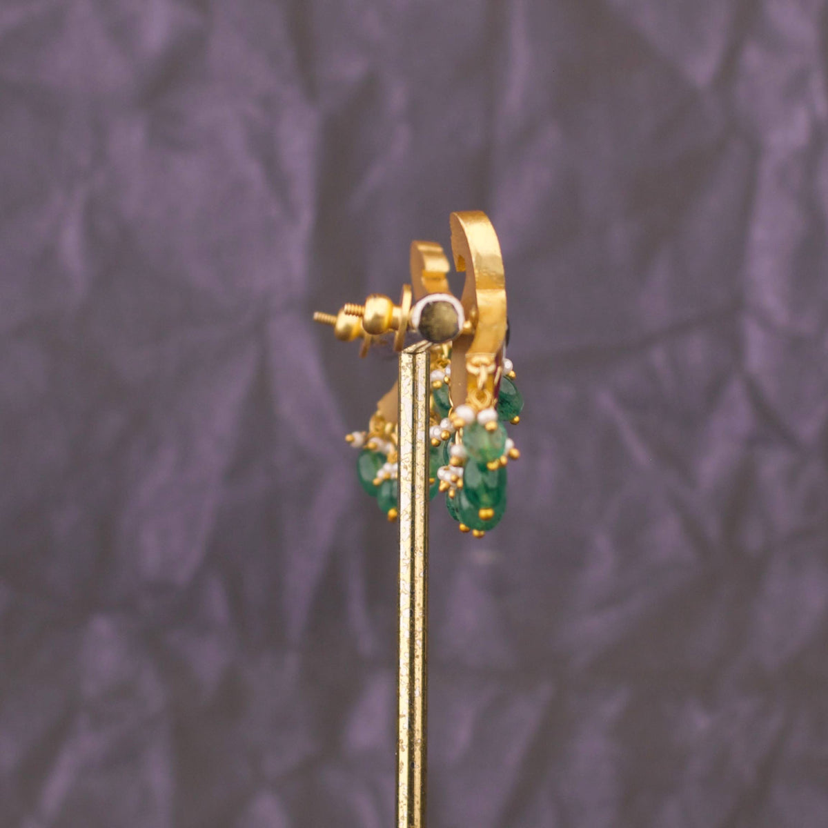 Majestic Peacock Design Jadau Kundan Studs With Emerald Beads - Alternate View 1