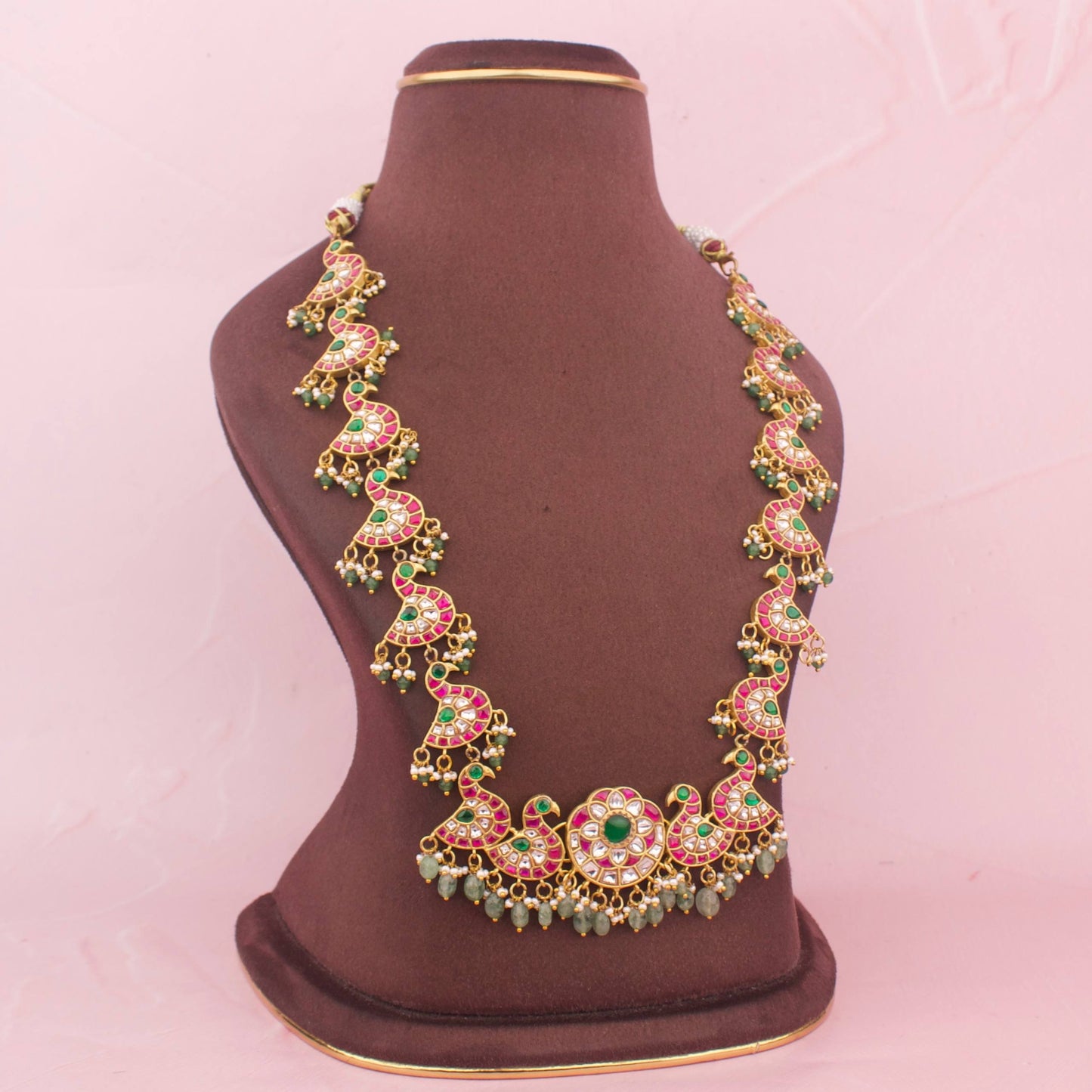 Side Angle & Craftsmanship View of Unique Peacock Design Jadau Kundan Necklace Set With Earrings | Dulhan Jewels