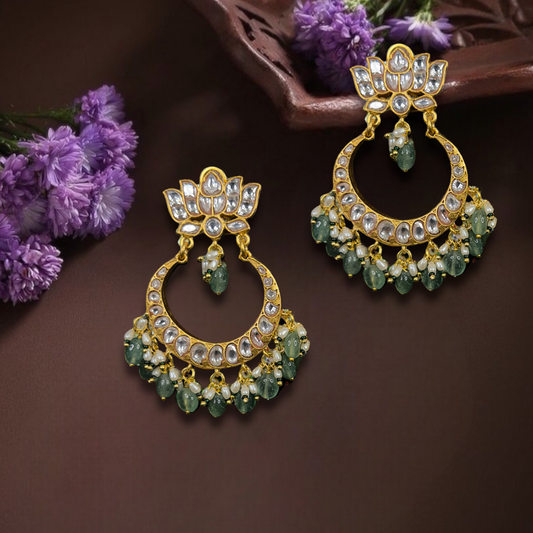 Emerald Lotus Jadau Kundan Chandbali Earrings