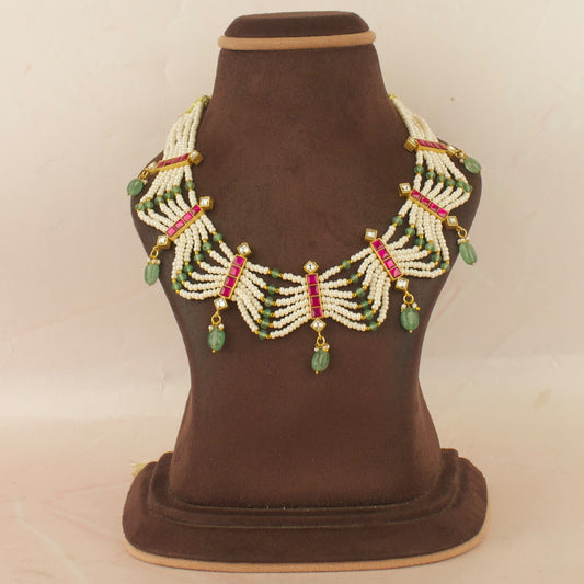 Traditional Jadau Kundan Beads Necklace with Green Beads