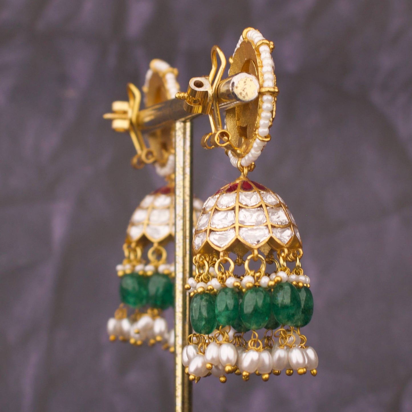 Floral Jadau Kundan Jhumka Earrings with Green Beads