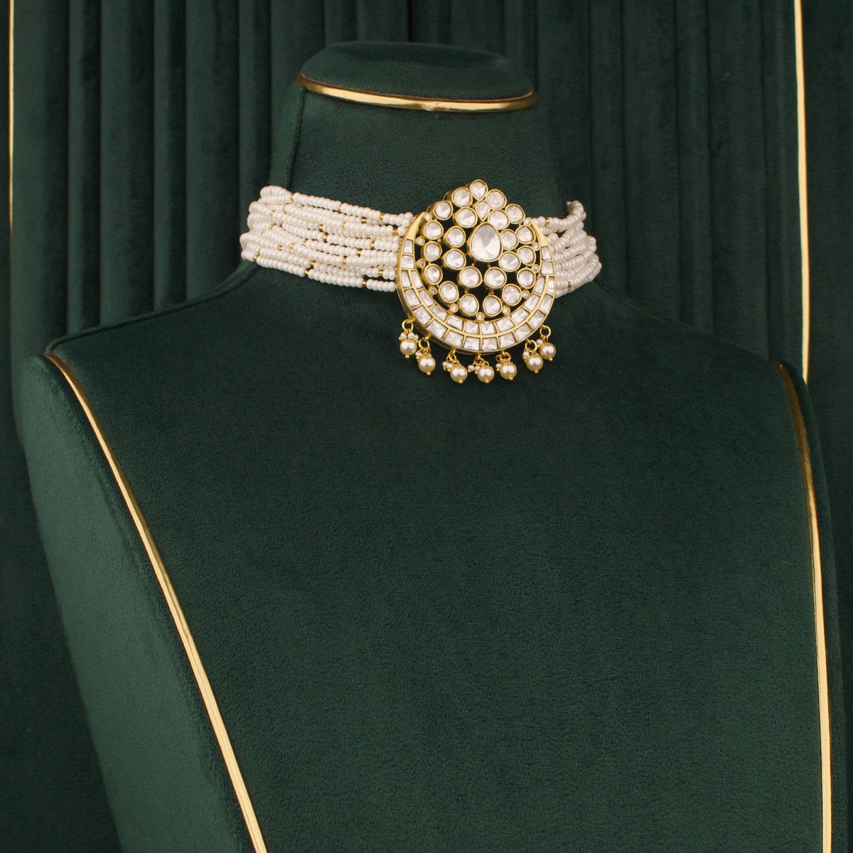 Moissanite Polki Pearl Choker Necklace Set With Matching Earrings