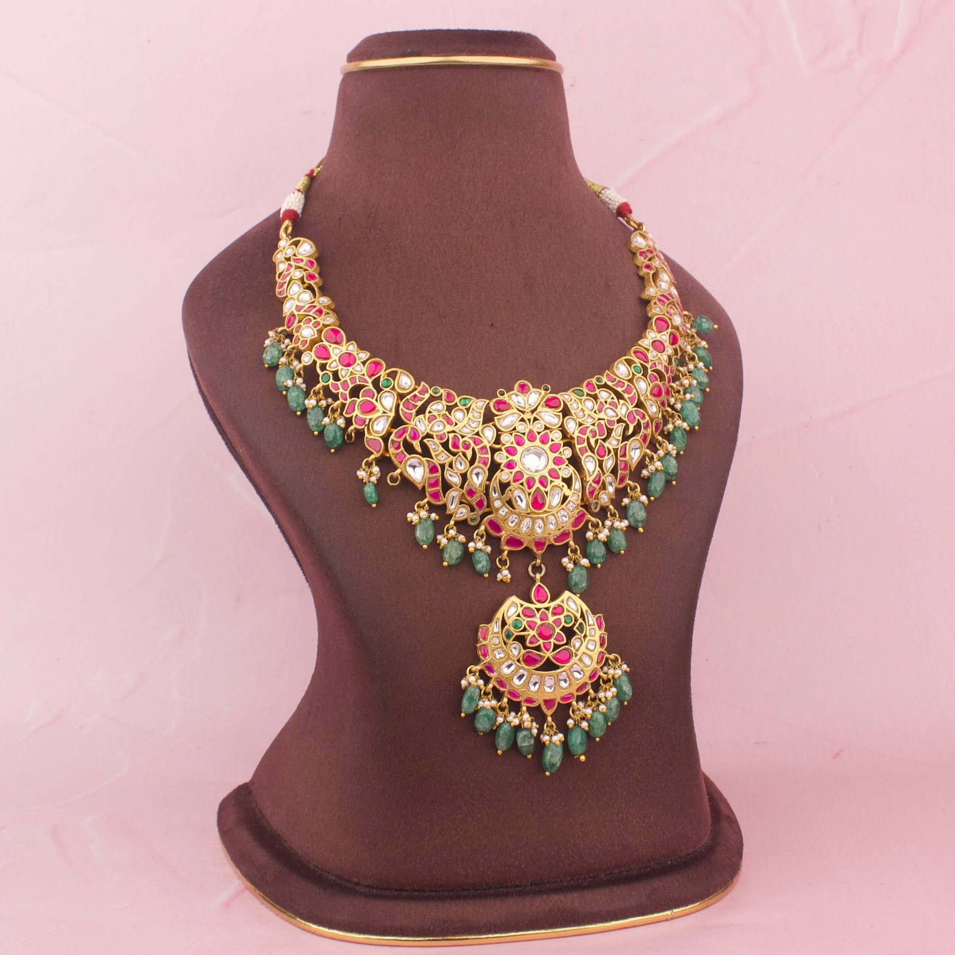 Close-Up Detail View of Unique Gold Style Chand Bali Design Jadau Kundan Short Necklace with Green Beads | Dulhan Jewels