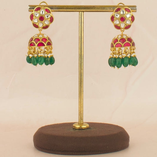 Floral Design Studded Jadau Kundan Jhumki with Green Beads