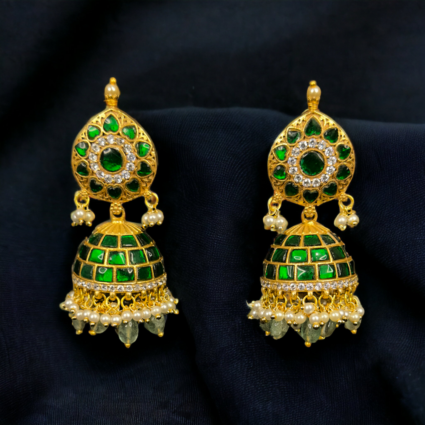 Royal Emerald Jadau Kundan Jhumkas with Pearl Accents
