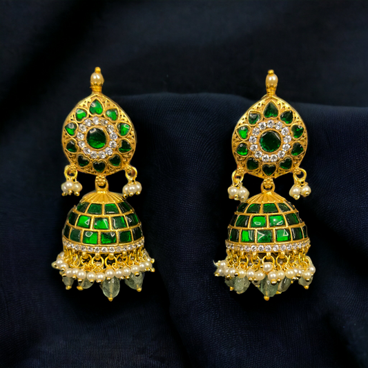Royal Emerald Jadau Kundan Jhumkas with Pearl Accents