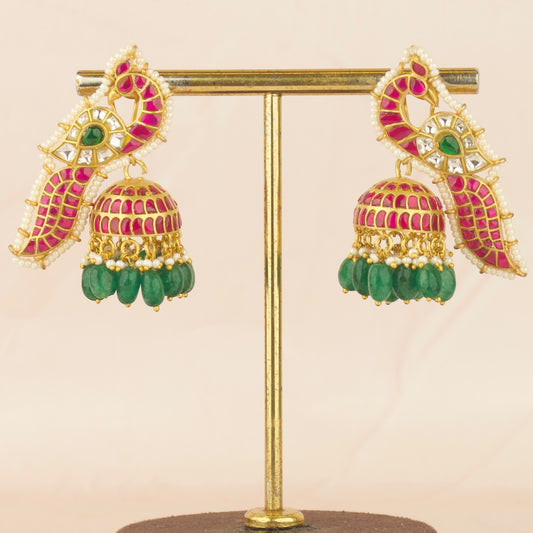 Unique Peacock Design Studded Jadau Kundan Jhumki With Beads
