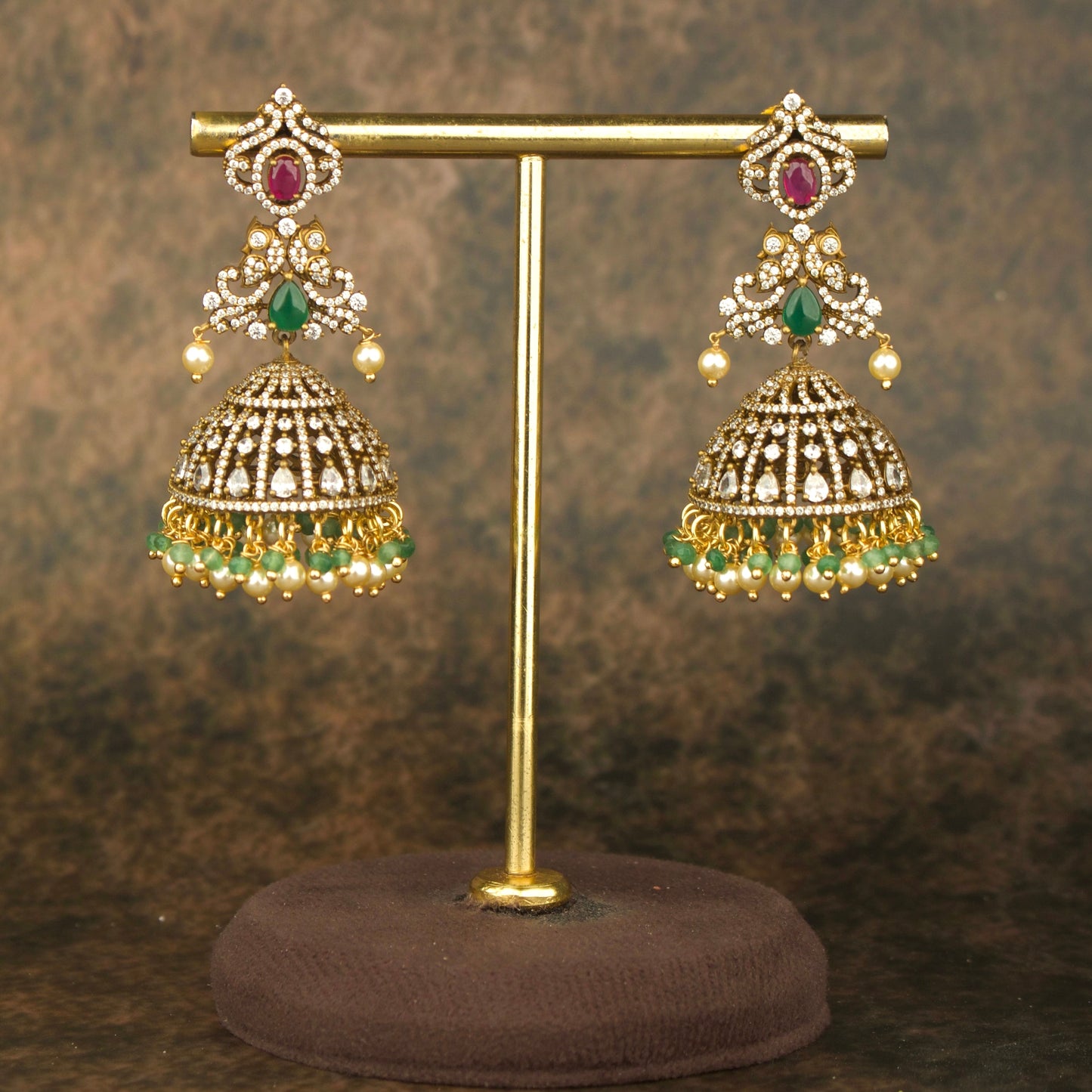 Exquisite Victorian Jhumka Earrings with Intricate Gemstone Detailing