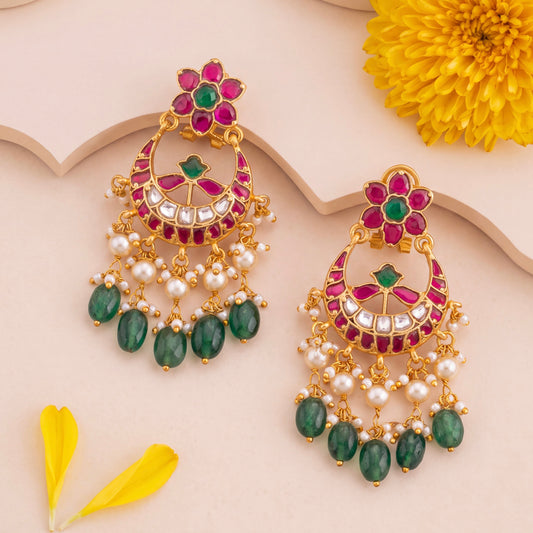 Floral Design Jadau Kundan Chandbali Earrings With Emerald Beads