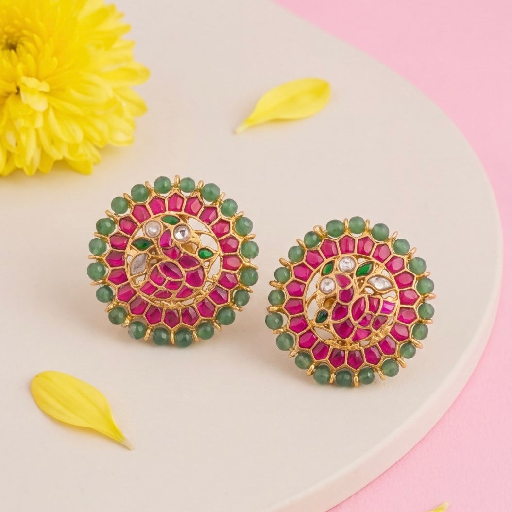 Ethnic jadau kundan stud Earrings With Emerald Beads Bordering - Handcrafted Indian Bridal Jewelry by Dulhan Jewels