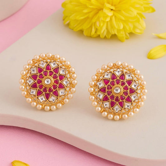 Stunning floral Design Jadau Kundan Studs with surrounding pearls - Handcrafted Indian Bridal Jewelry by Dulhan Jewels