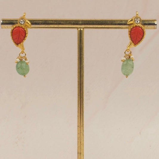 Leaf-Motif Jadau Kundan Earrings with Green Stone Drop