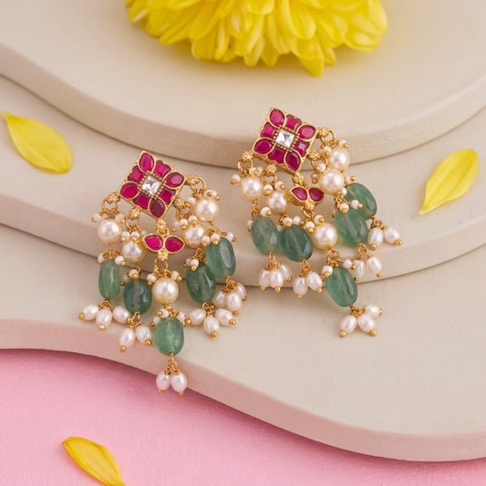 Stylish Jadau Kundan Earrings With Layered Accents - Handcrafted Indian Bridal Jewelry by Dulhan Jewels