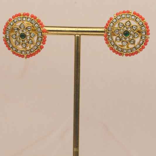 Elegant Jadau Kundan Stud Earrings with Coral Bead Detailing