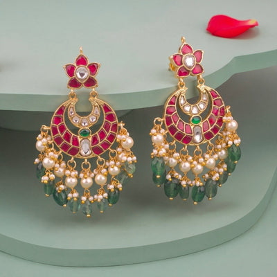 Elegant Jadau Kundan Chandbali Earrings With Pearl Drops