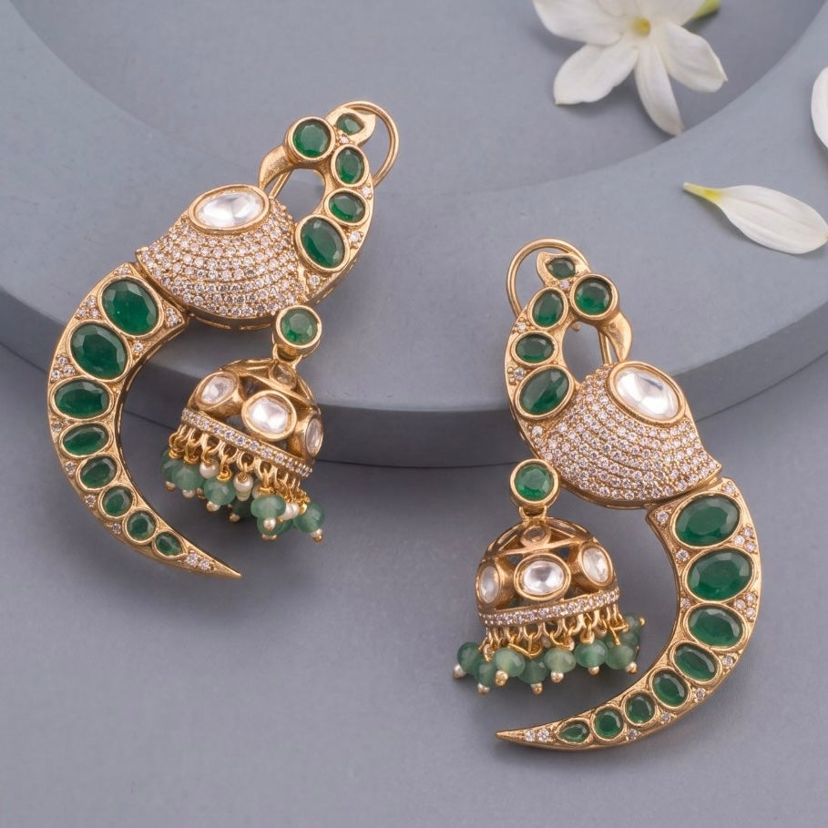 Traditional Peacock Design Polki Victorian Jhumki - Handcrafted Indian Bridal Jewelry by Dulhan Jewels