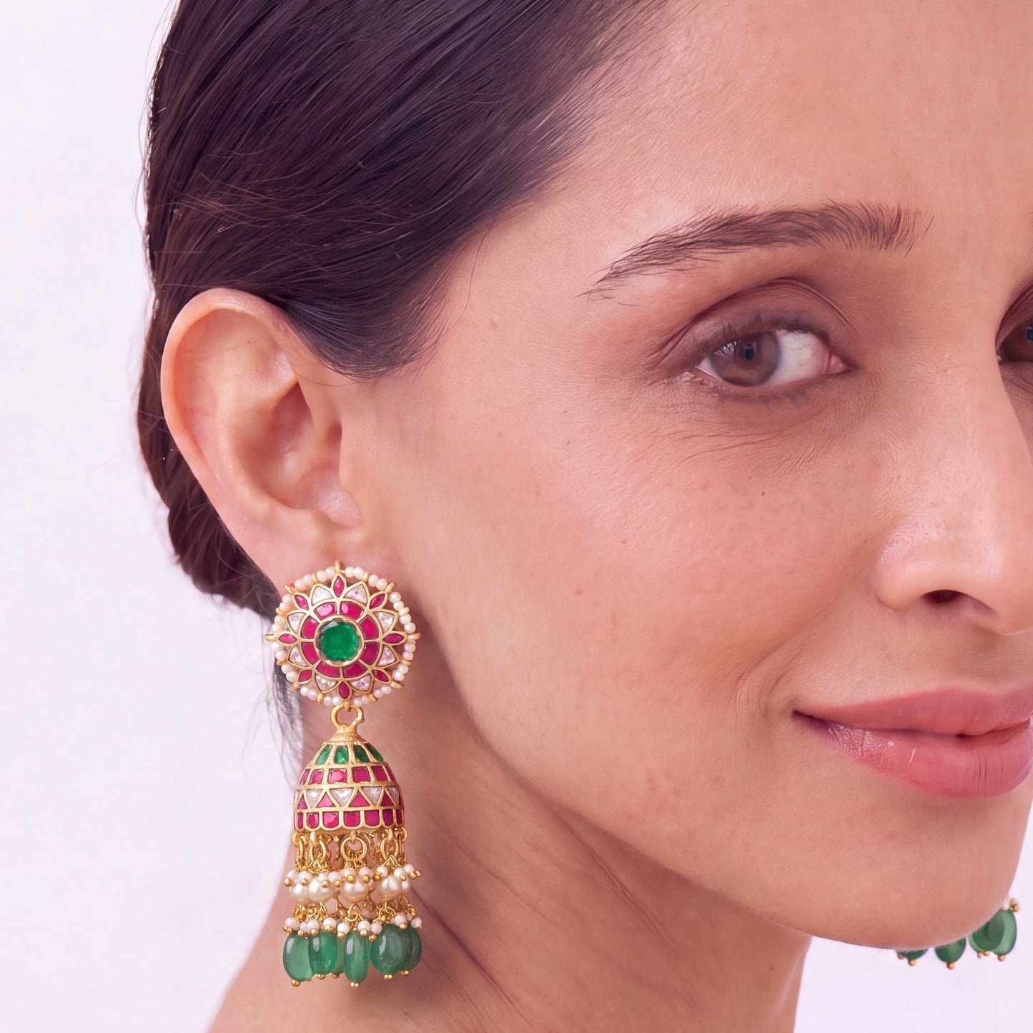 Imperial Floral Kundan Jhumka Earrings With Emerald Drops