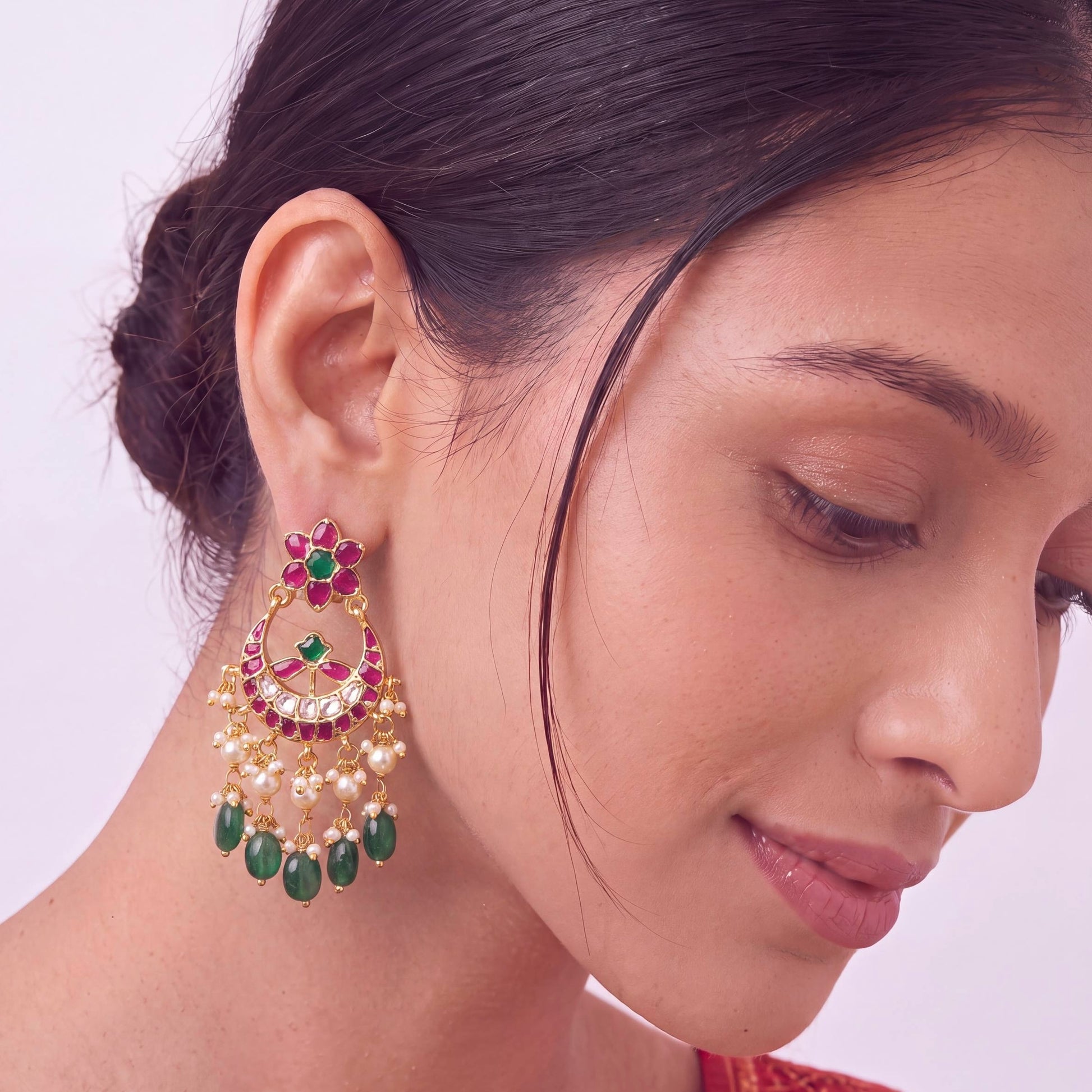 Floral Design Jadau Kundan Chandbali Earrings With Emerald Beads Craftsmanship & Detail View - Dulhan Jewels
