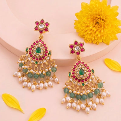 Unique Jadau Kundan Chandbali Earrings With Ricepearl Drops