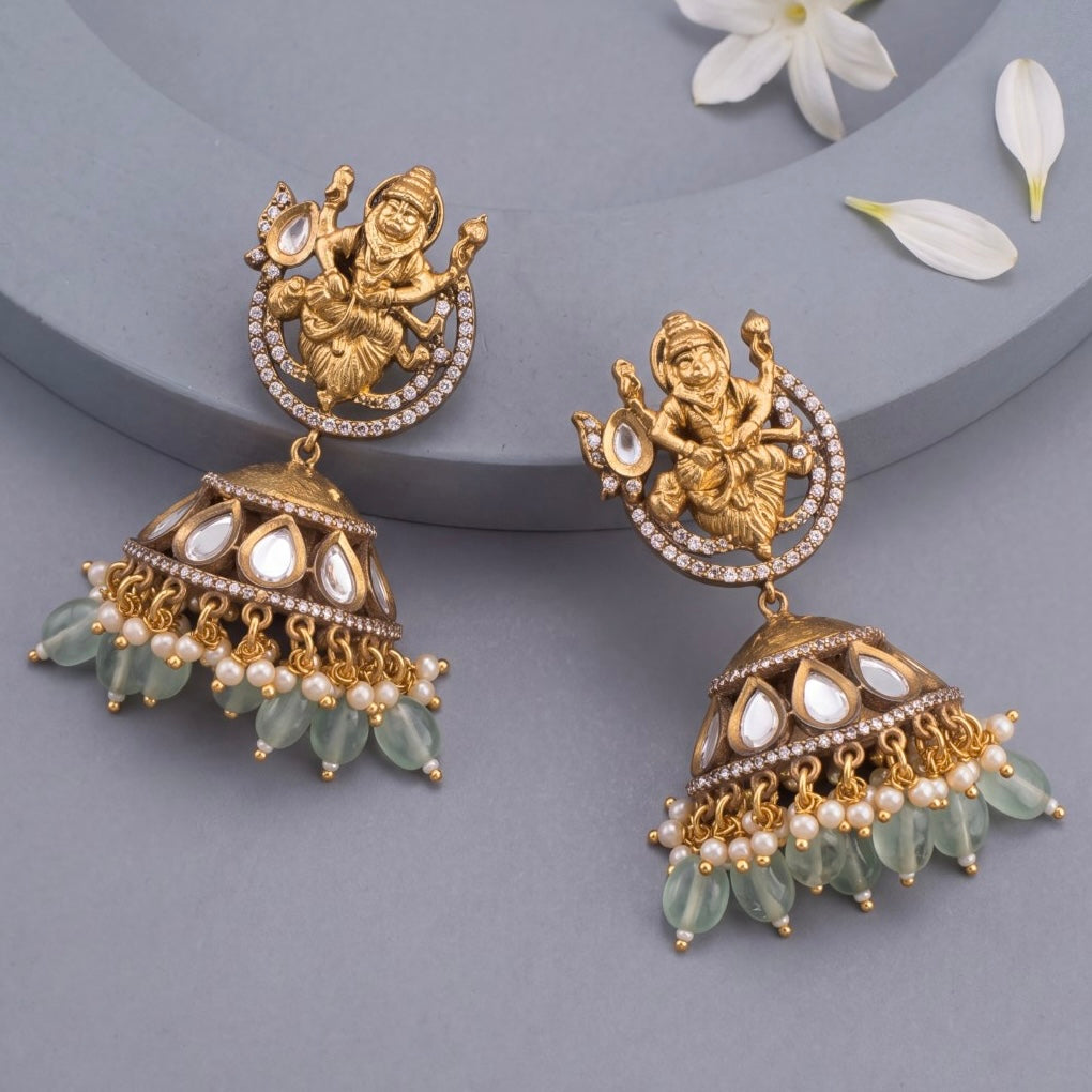 Traditional Victorian Temple Jhumka with Russian beads - Handcrafted Indian Bridal Jewelry by Dulhan Jewels