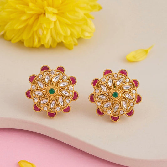 Ruby-Accented Jadau Kundan Floral Stud Earrings - Handcrafted Indian Bridal Jewelry by Dulhan Jewels