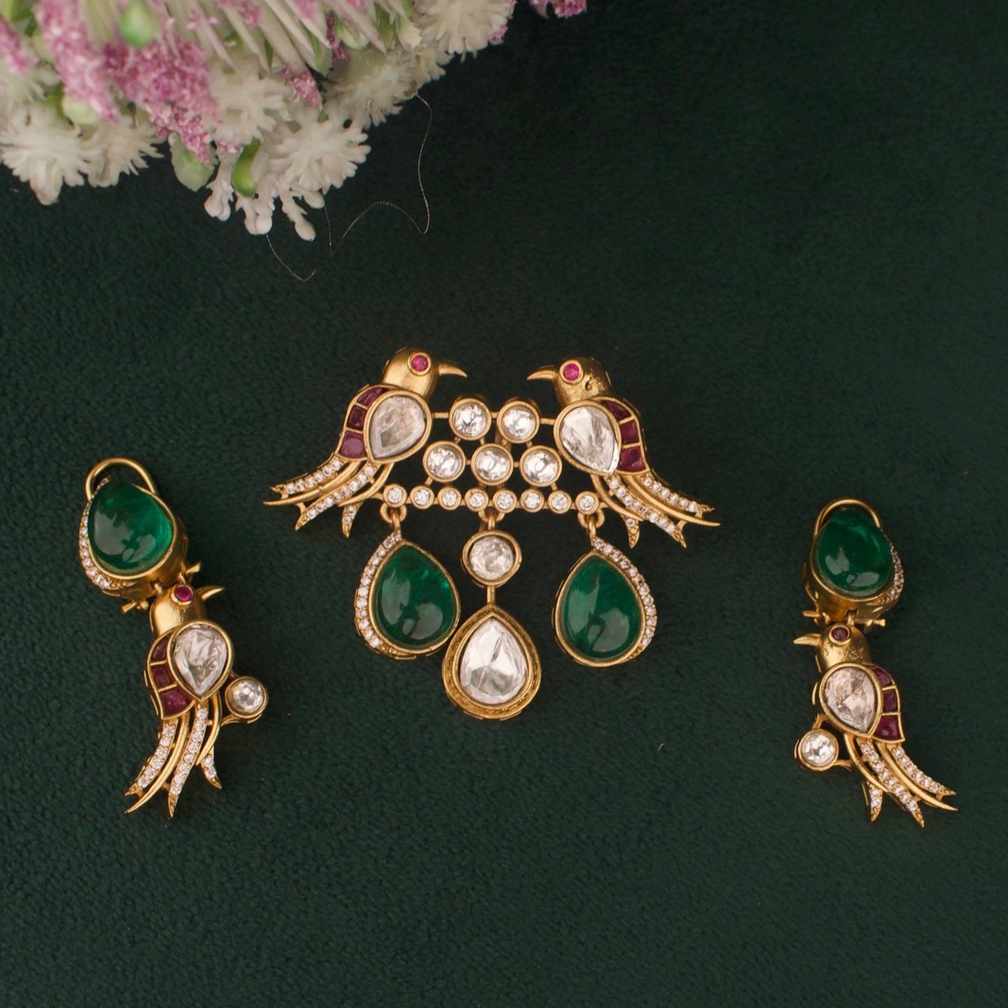 Green Emerald Victorian Pendant And Earrings Set