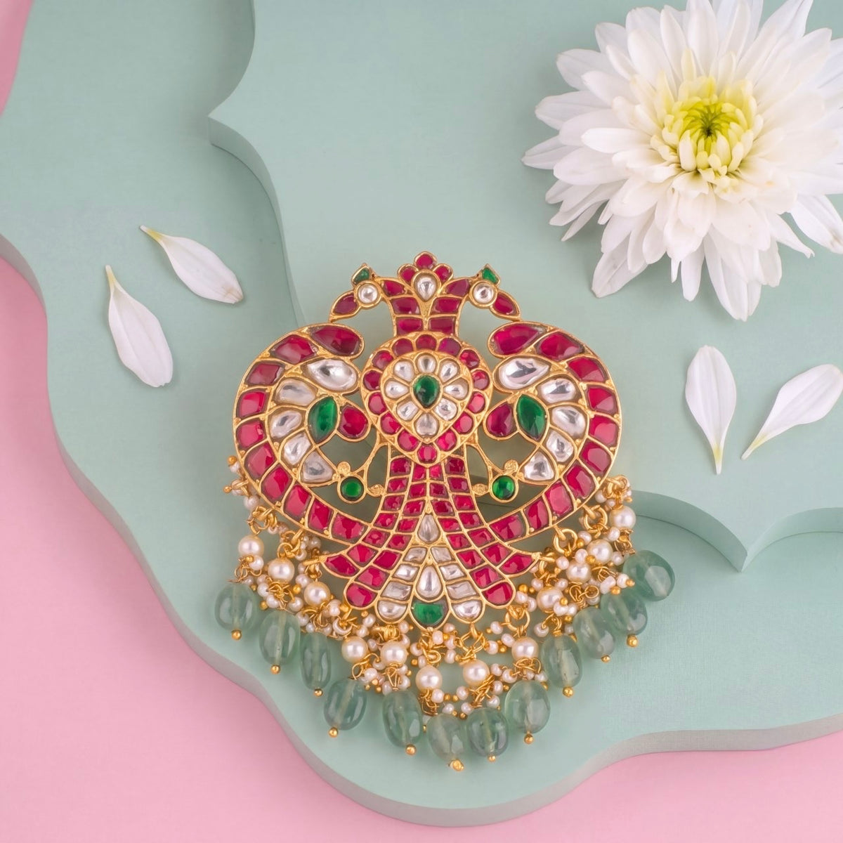Radiant Jadau Kundan Locket With Strawberry Beads - Handcrafted Indian Bridal Jewelry by Dulhan Jewels