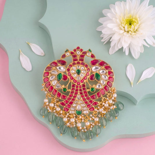 Radiant Jadau Kundan Locket With Strawberry Beads - Handcrafted Indian Bridal Jewelry by Dulhan Jewels